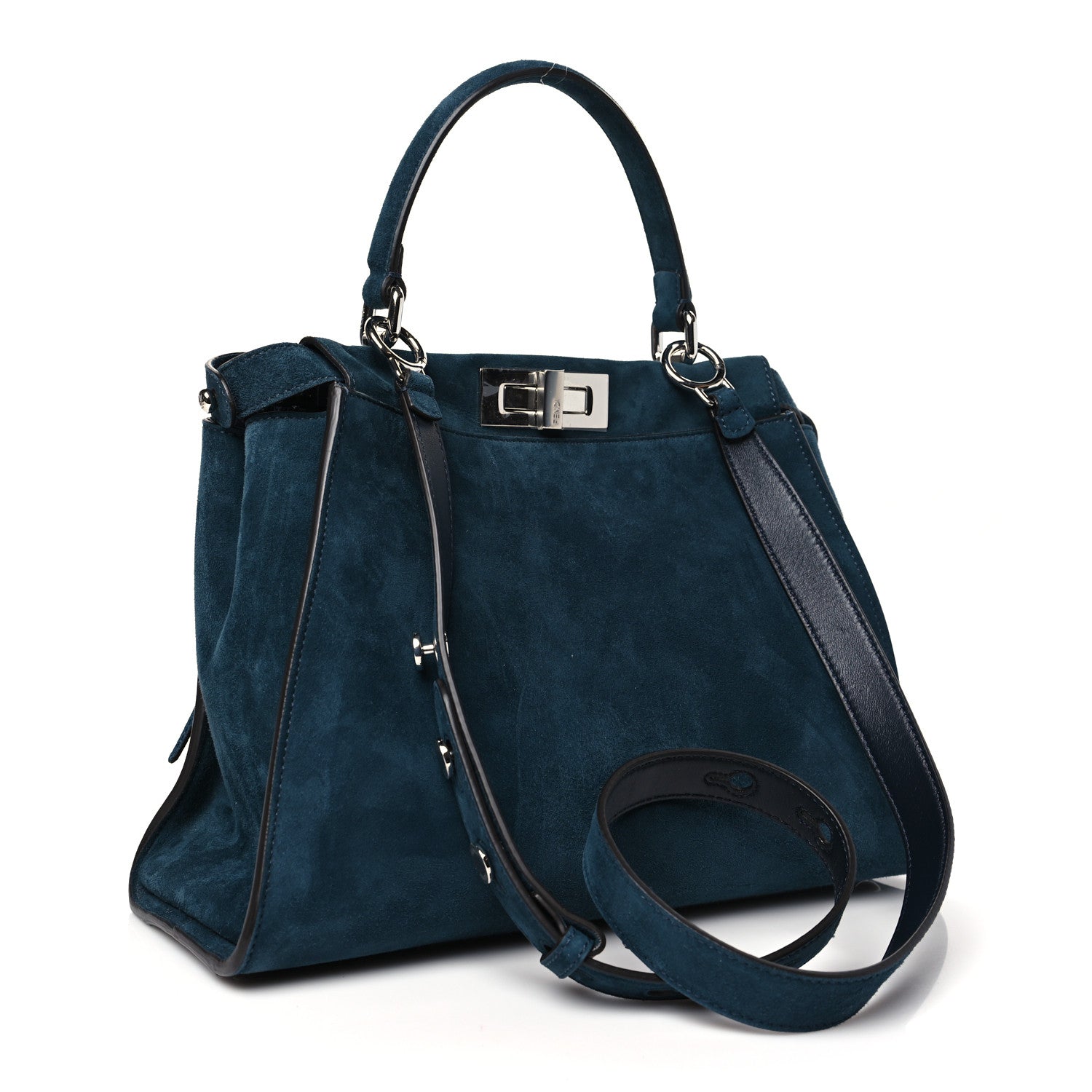 Fendi Chamois Karung Shiny Nappa Medium 3 Pocket Peekaboo Iconic Satchel Cobalto Petrolio 3 of 10