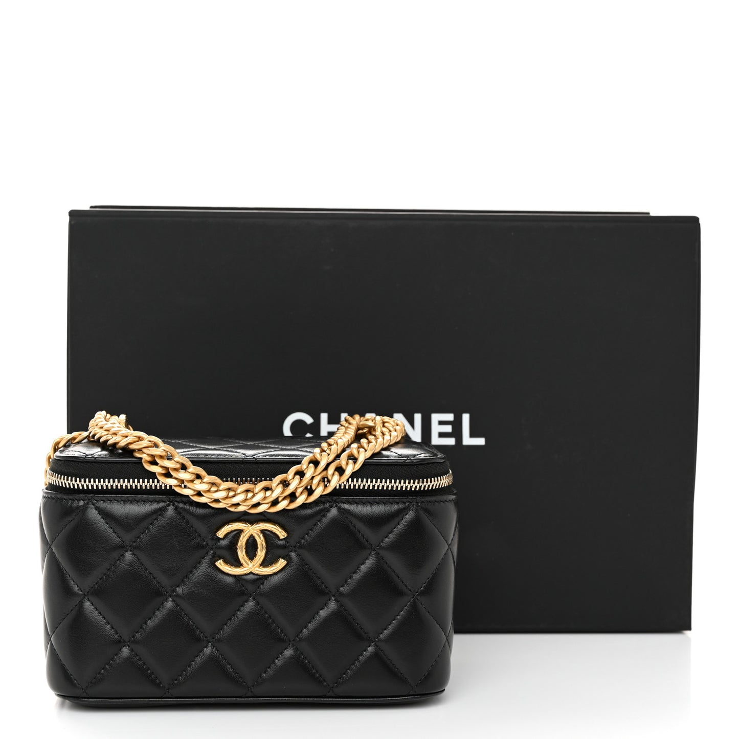Lambskin Quilted Small Pillow Crush Vanity Case With Chain Black
