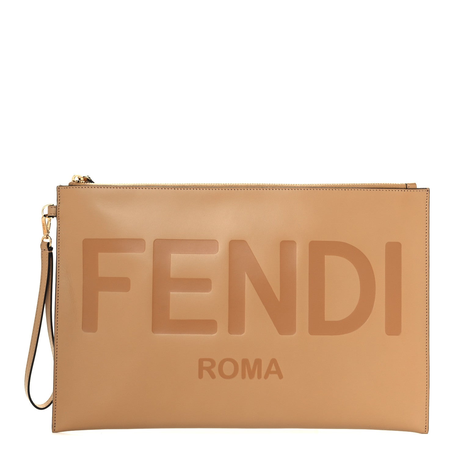 Fendi Vitello King Logo Embossed Large Flat Pouch Miele Scuro 1 of 10