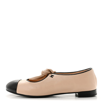Chanel Lambskin Bow Mary Jane Flats 37 Beige Black 1 of 10