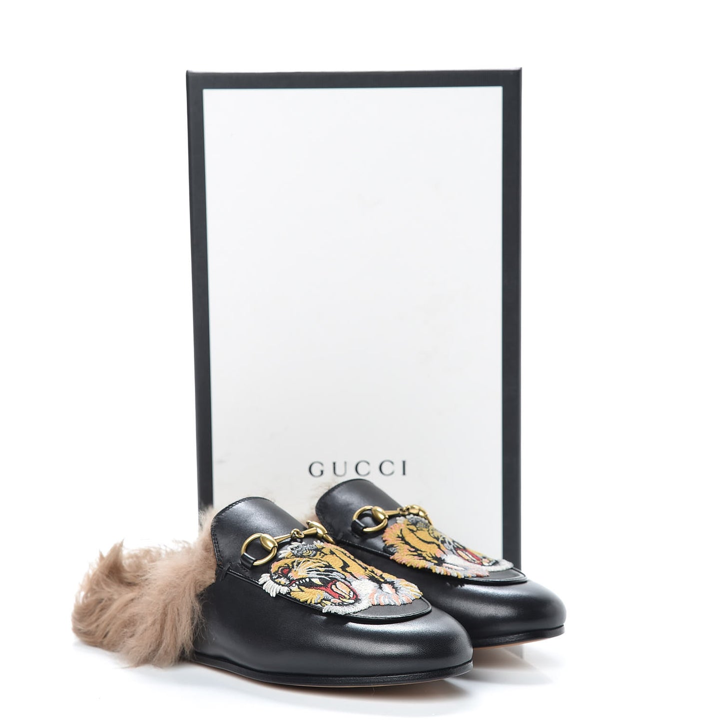 Calfskin Lambswool Tiger Embroidered Womens Princetown Slippers 36.5 Black