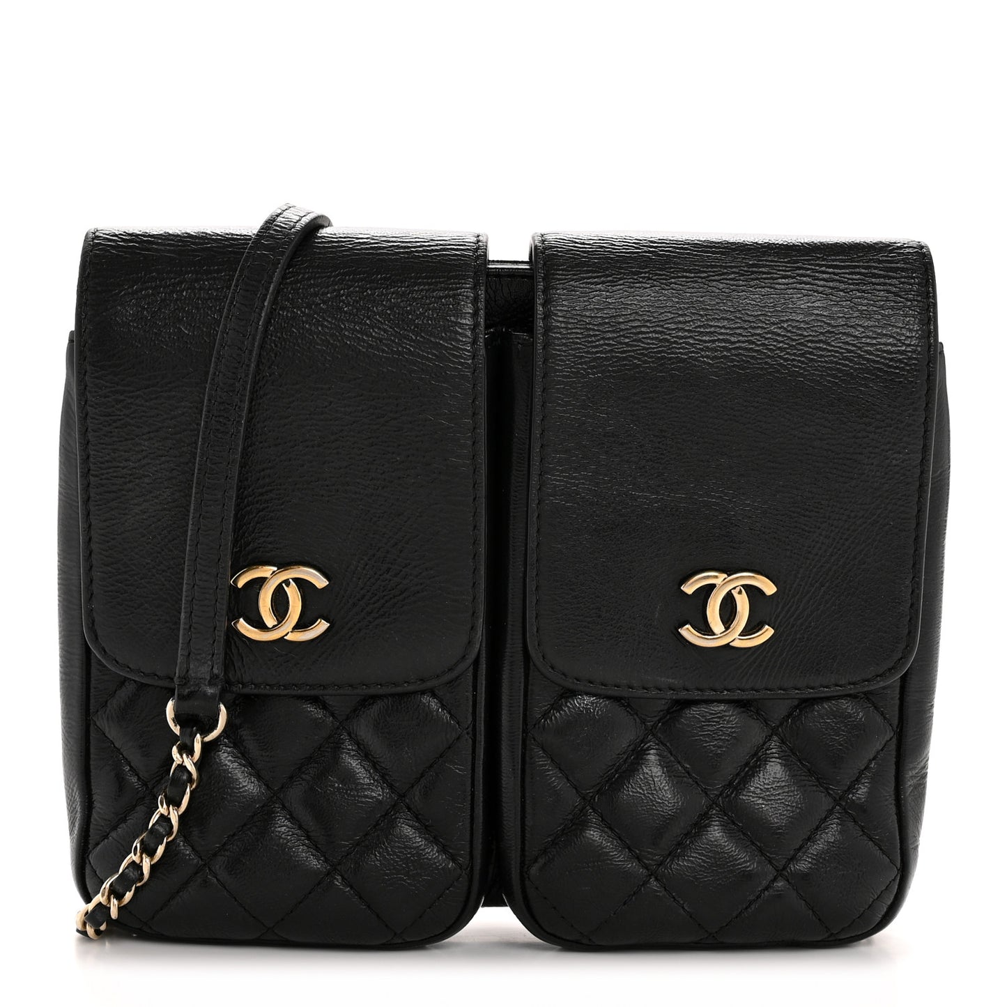 Glazed Calfskin Quilted Double Pocket Crossbody Flap Black