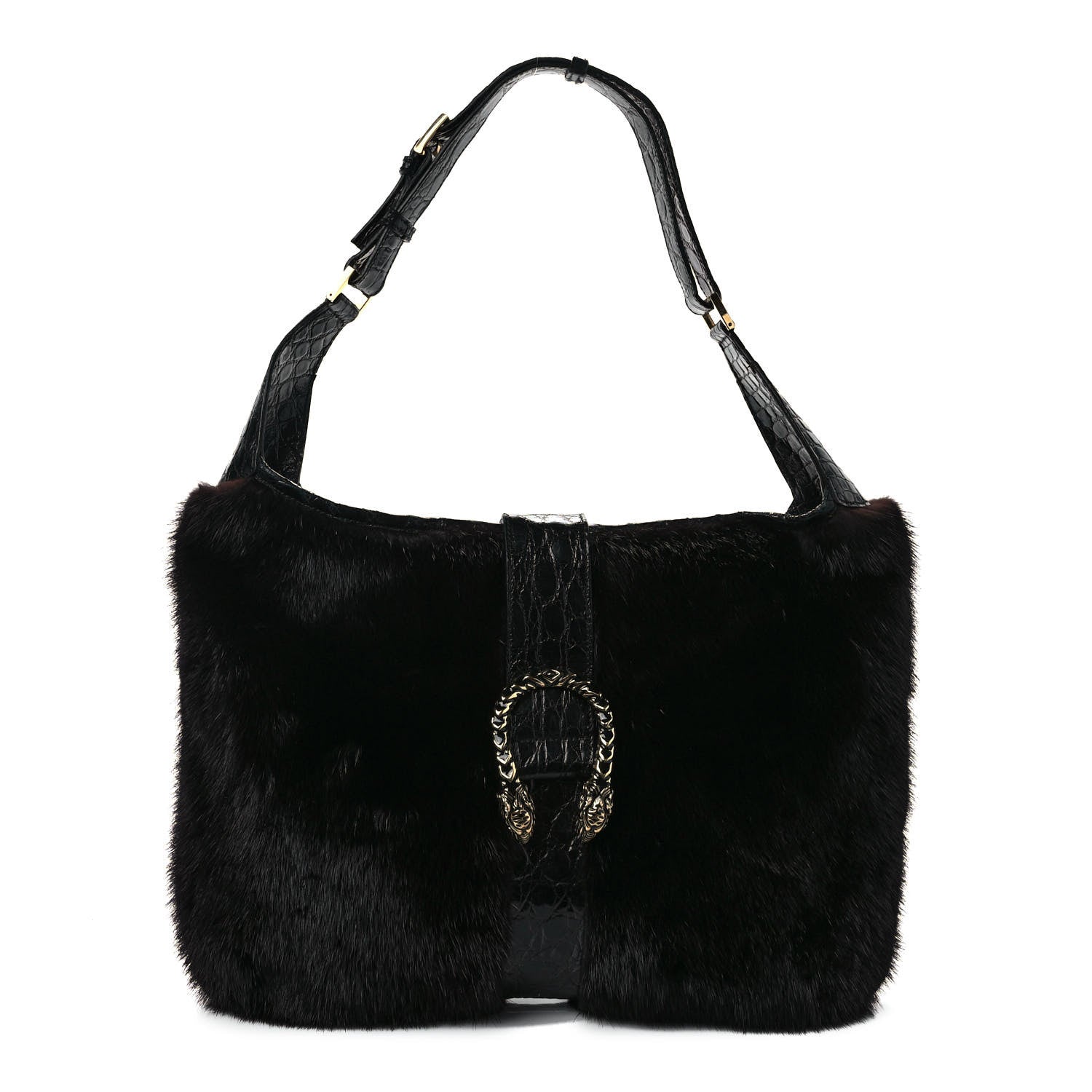 front view image of a GUCCI Mink Fur Crocodile Dionysus Hobo in the color Black by FASHIONPHILE