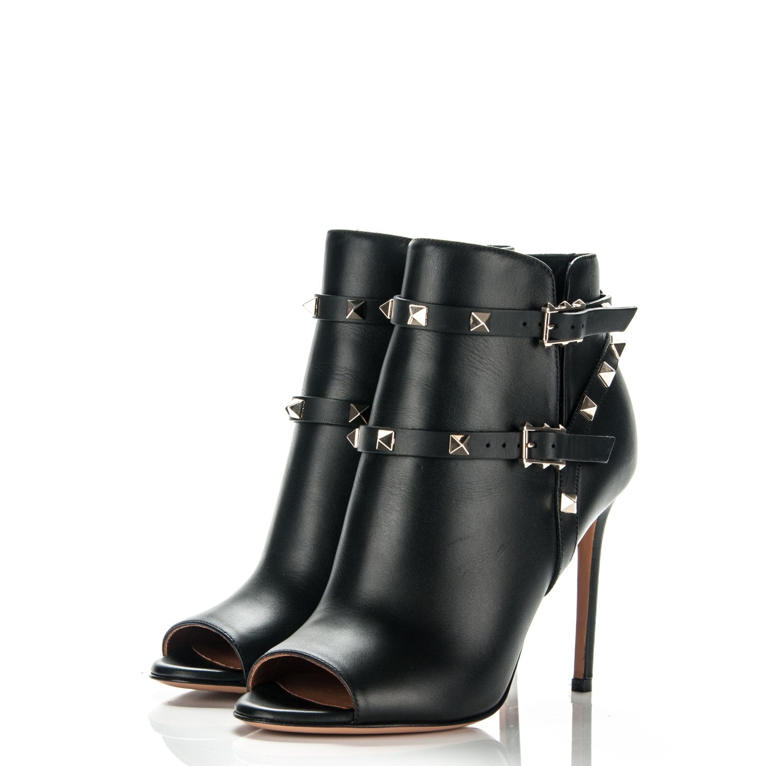 Valentino Garavani Calfskin Rockstud Peep Toe Double Buckle 100mm Ankle Boots 36 Black 3 of 7