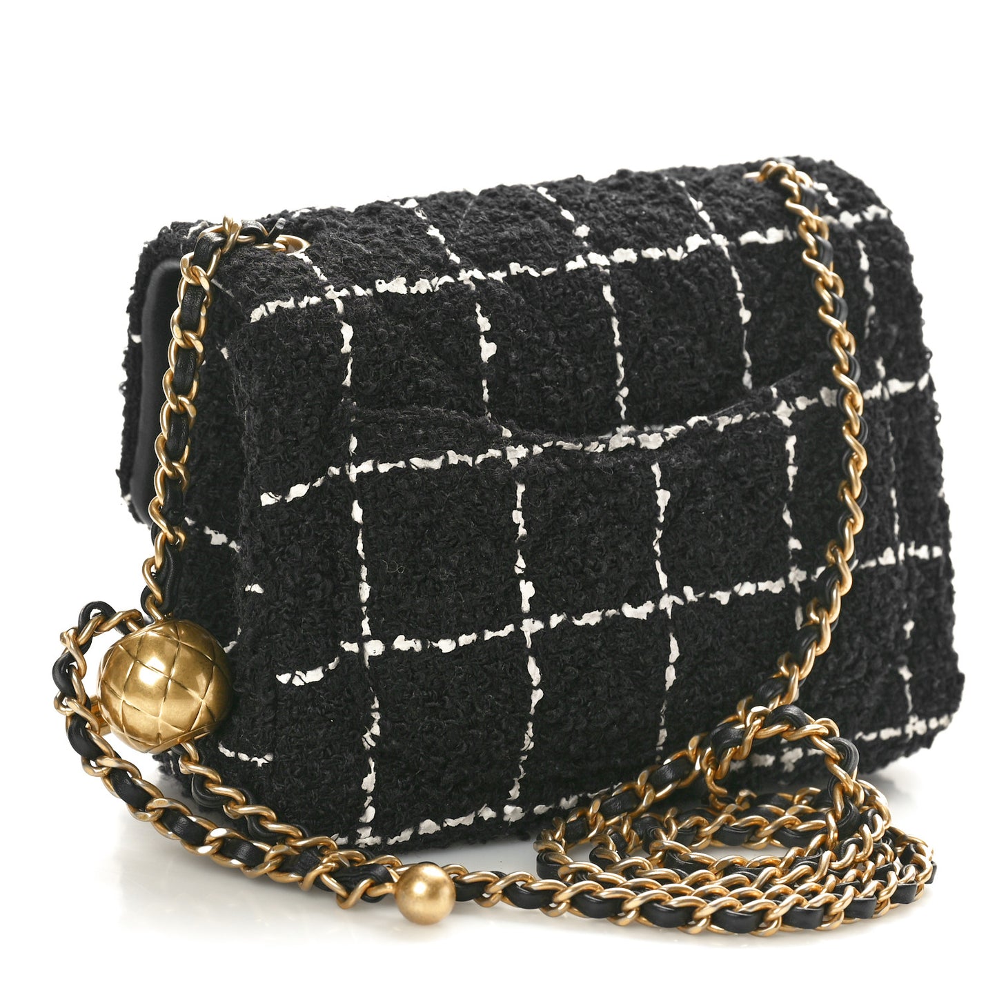 Tweed Quilted Mini Pearl Crush Flap Black White