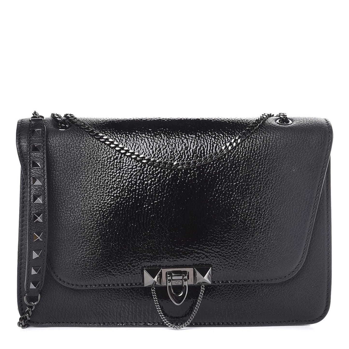 Patent Pebbled Calfskin Medium Rockstud Demilune Shoulder Bag Black