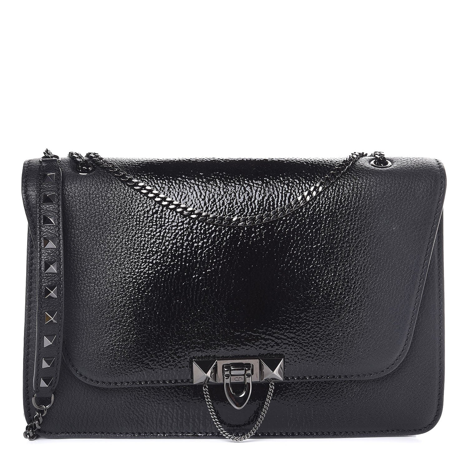 Valentino Garavani Patent Pebbled Calfskin Medium Rockstud Demilune Shoulder Bag Black 1 of 6