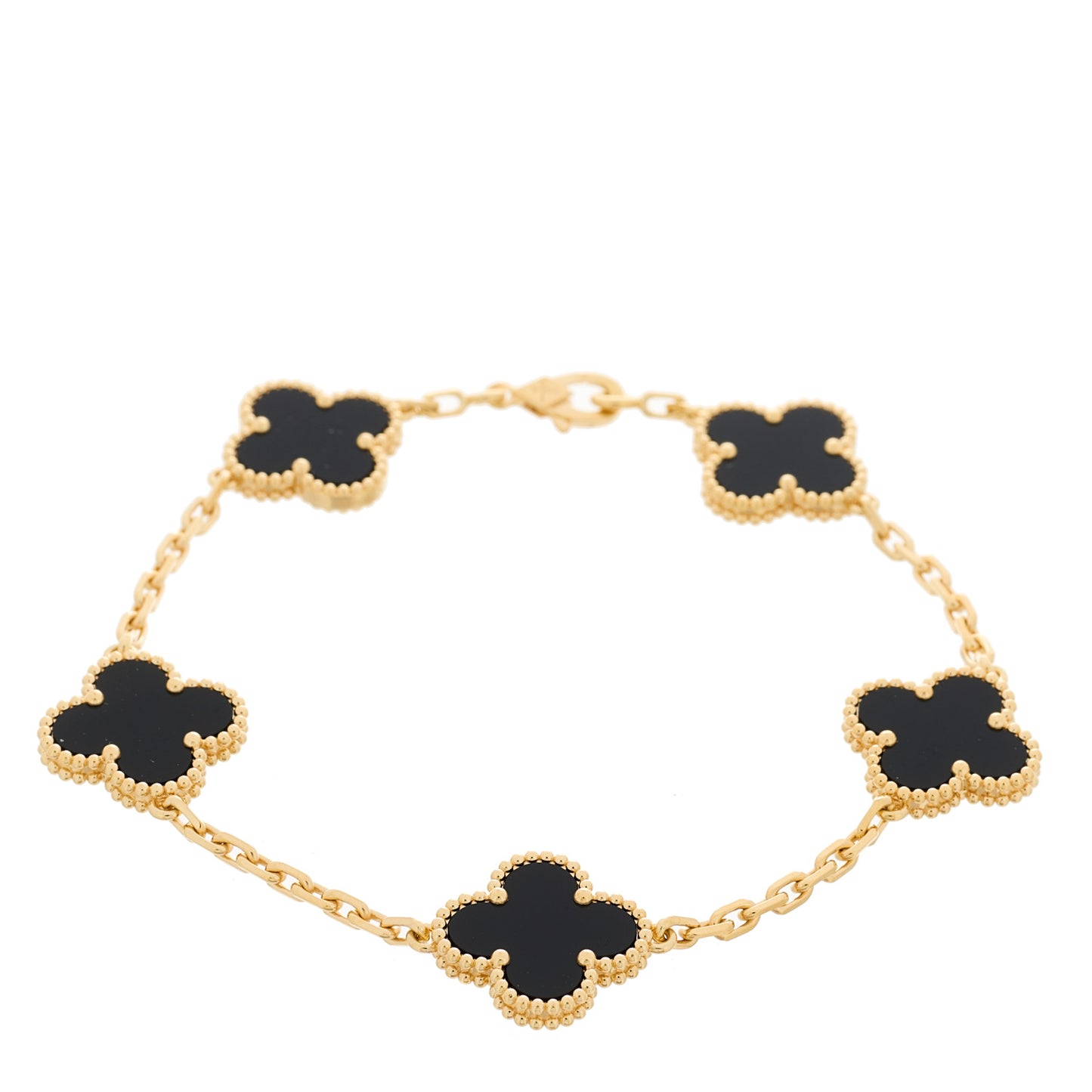 18K Yellow Gold Black Onyx 5 Motifs Vintage Alhambra Bracelet