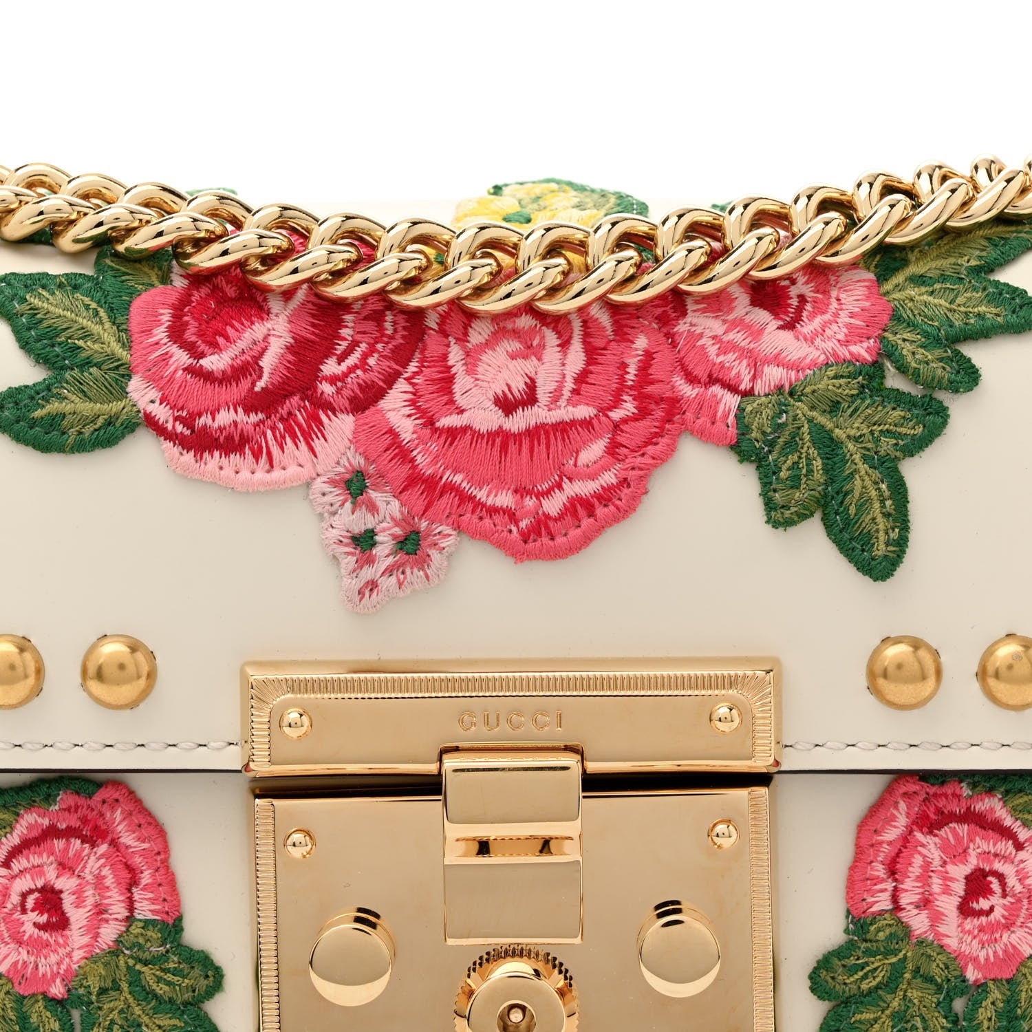 Gucci Calfskin Floral Embroidered Small Padlock Shoulder Bag White 8 of 11