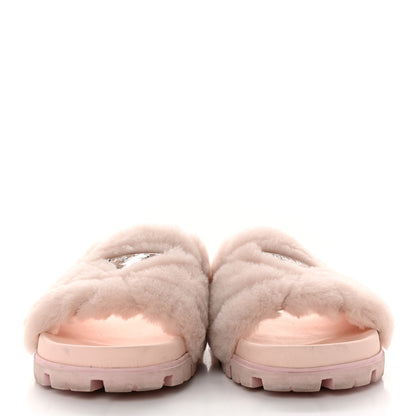 Prada Shearling Metal Triangle Logo Lug Sole 20mm Slide Sandals 40.5 Orchidea 2 of 7