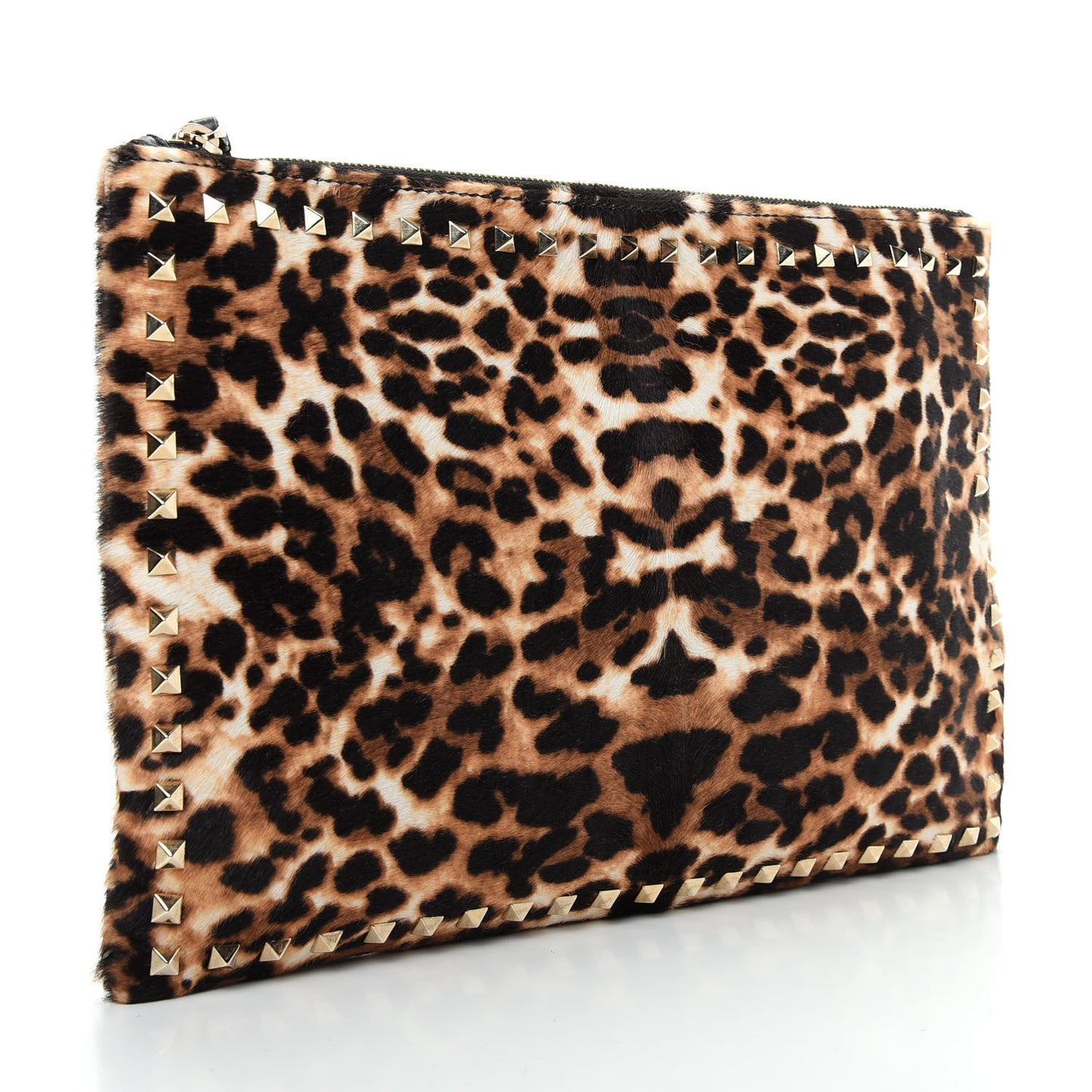 Calf Hair Leopard Print Rockstud Zip Wristlet Pouch Leopard