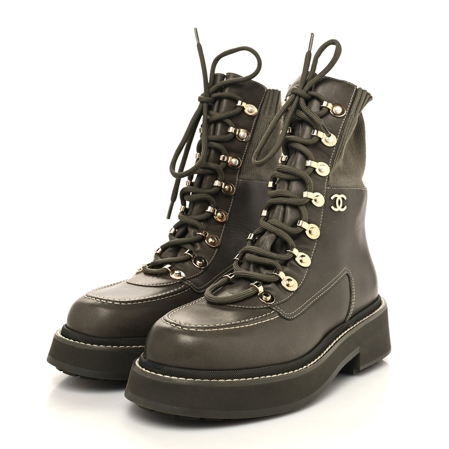 Calfskin Knit Lace Up Combat Boots 38 Green