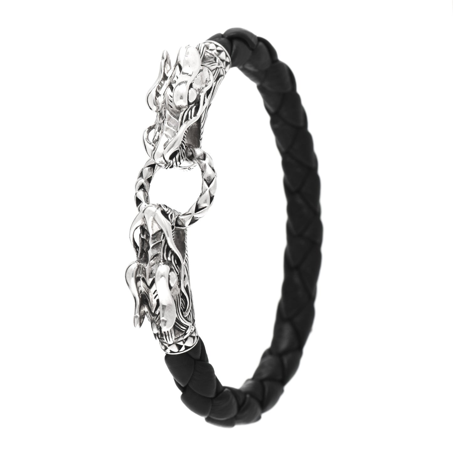 Sterling Silver Leather Naga Dragon Legend Bracelet Black