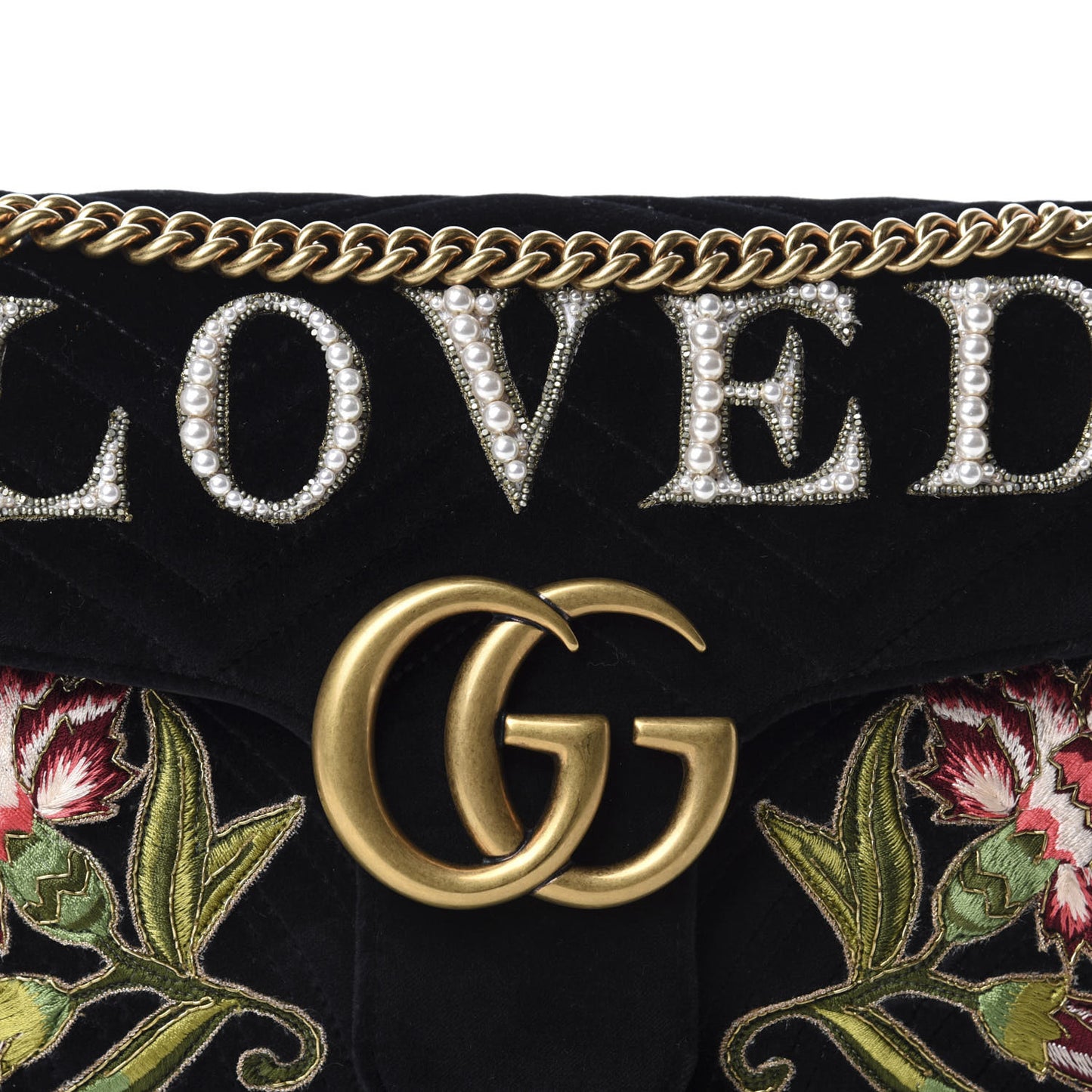 Velvet Matelasse Loved Embroidered Medium GG Marmont Shoulder Bag Black