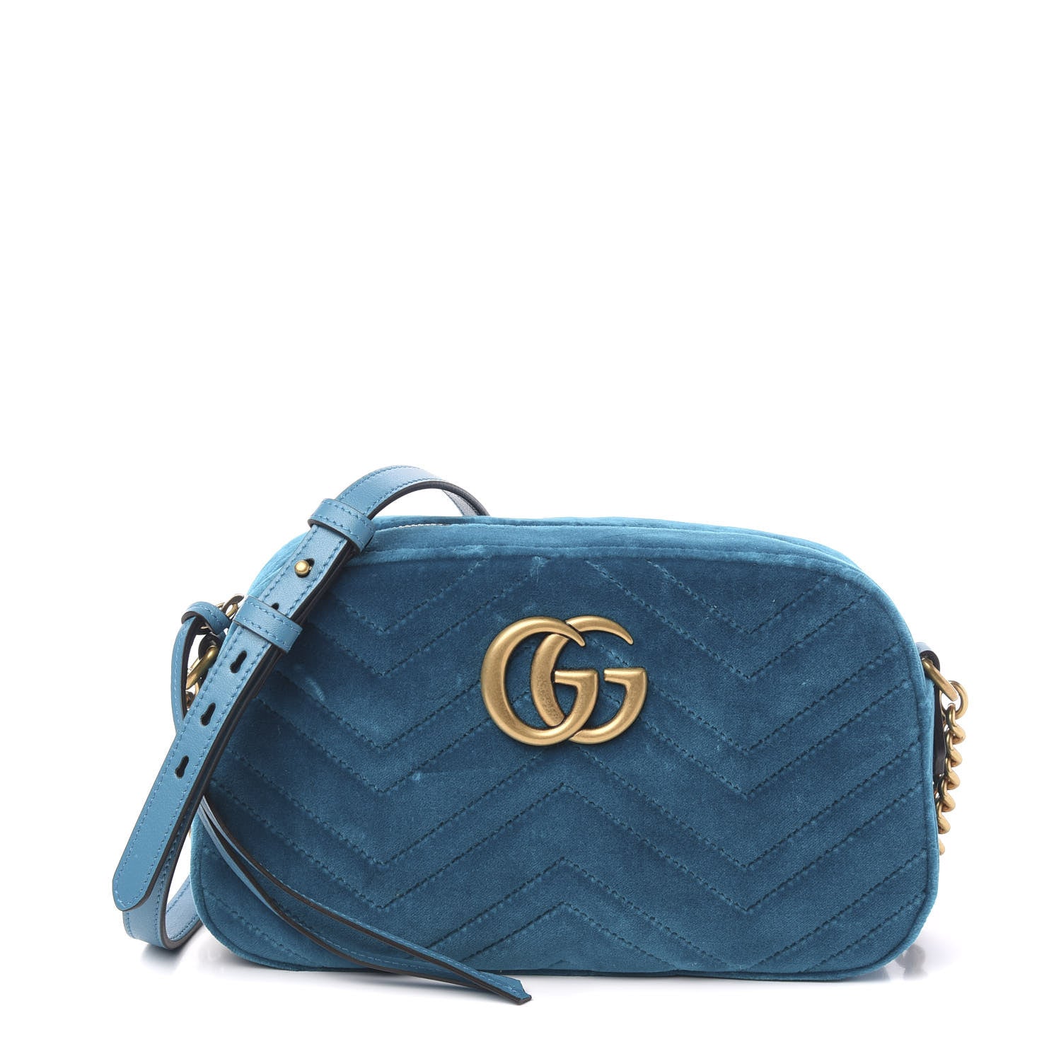 Gucci Velvet Matelasse Small GG Marmont Chain Shoulder Bag Pavone Cyan 1 of 9