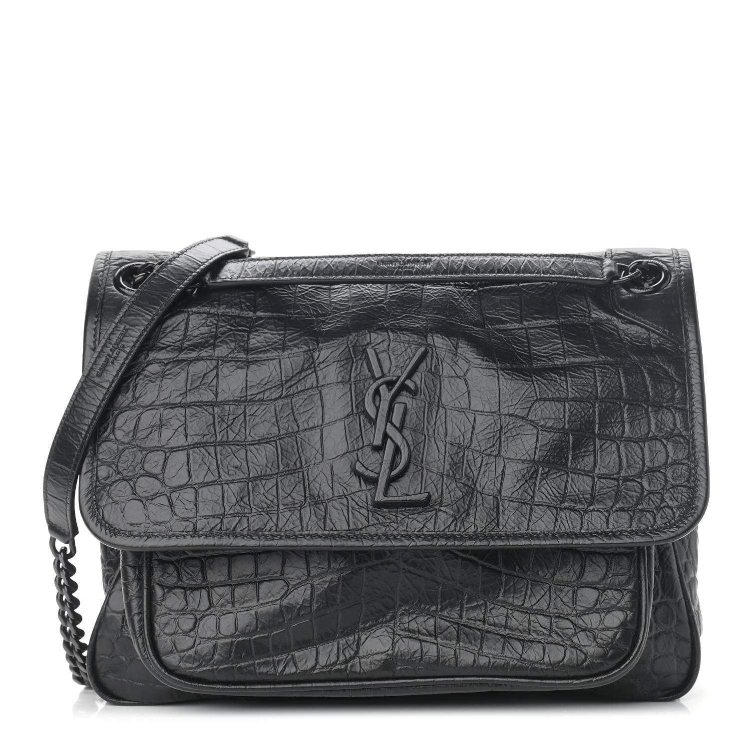 Saint Laurent Crocodile Embossed Lambskin Monogram Medium Niki Chain Satchel Black 1 of 10