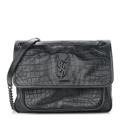 Saint Laurent Crocodile Embossed Lambskin Monogram Medium Niki Chain Satchel Black 1 of 10