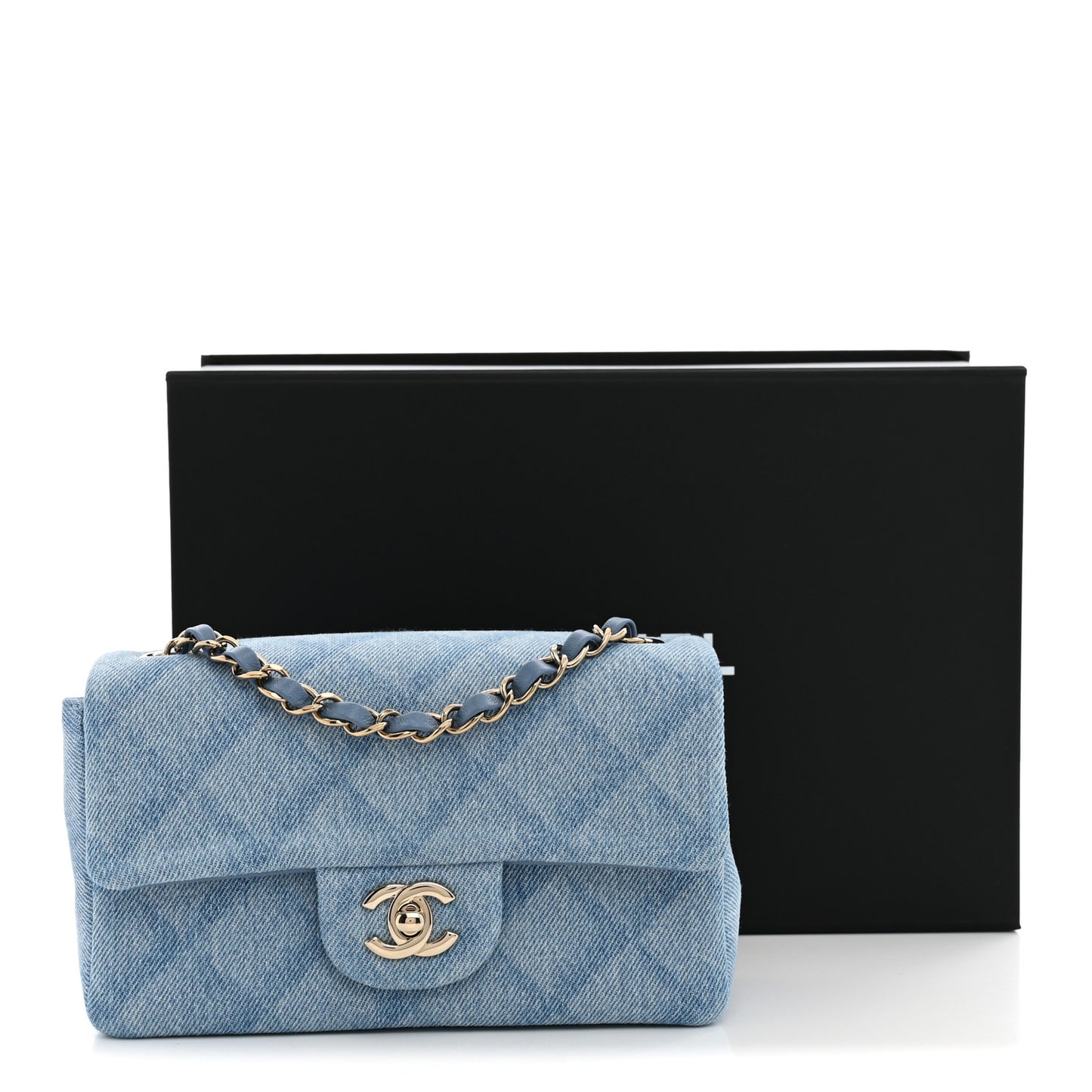 Printed Denim Quilted Mini Rectangular Flap Light Blue