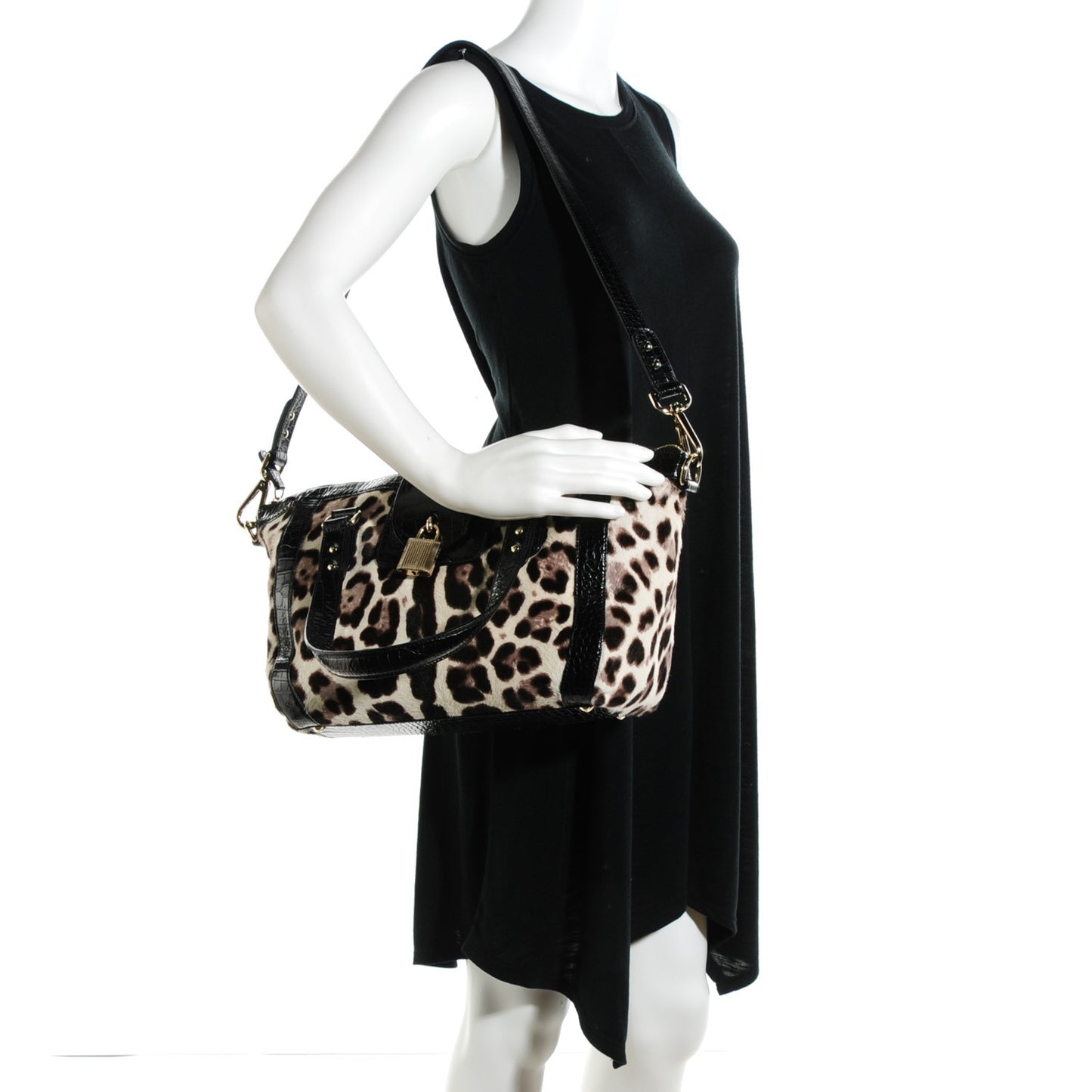 Crocodile Embossed Pony Hair Leopard Print Satchel Black