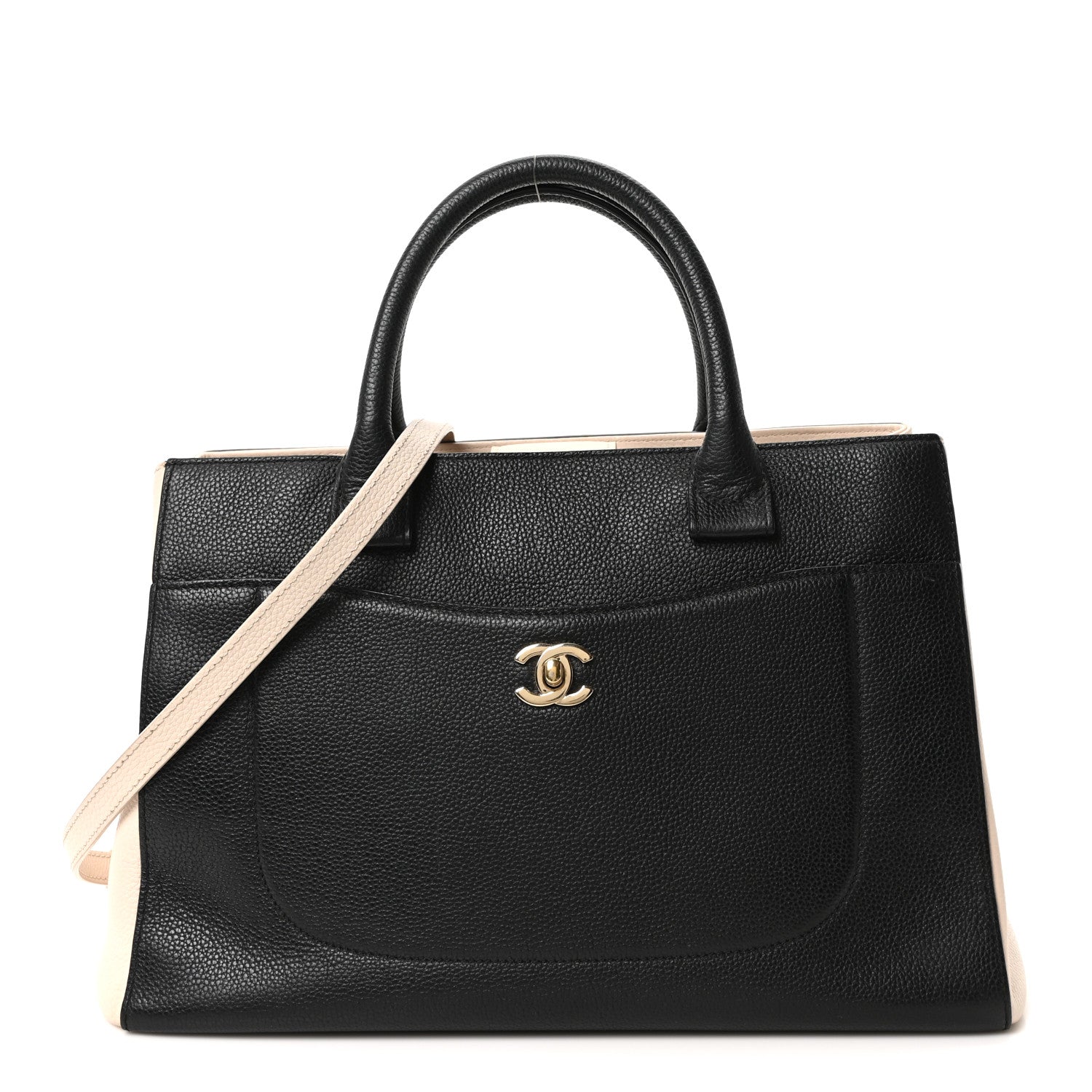 Chanel Grained Calfskin Small Bi-Color Neo Executive Shopper Tote Black Beige 1 of 10