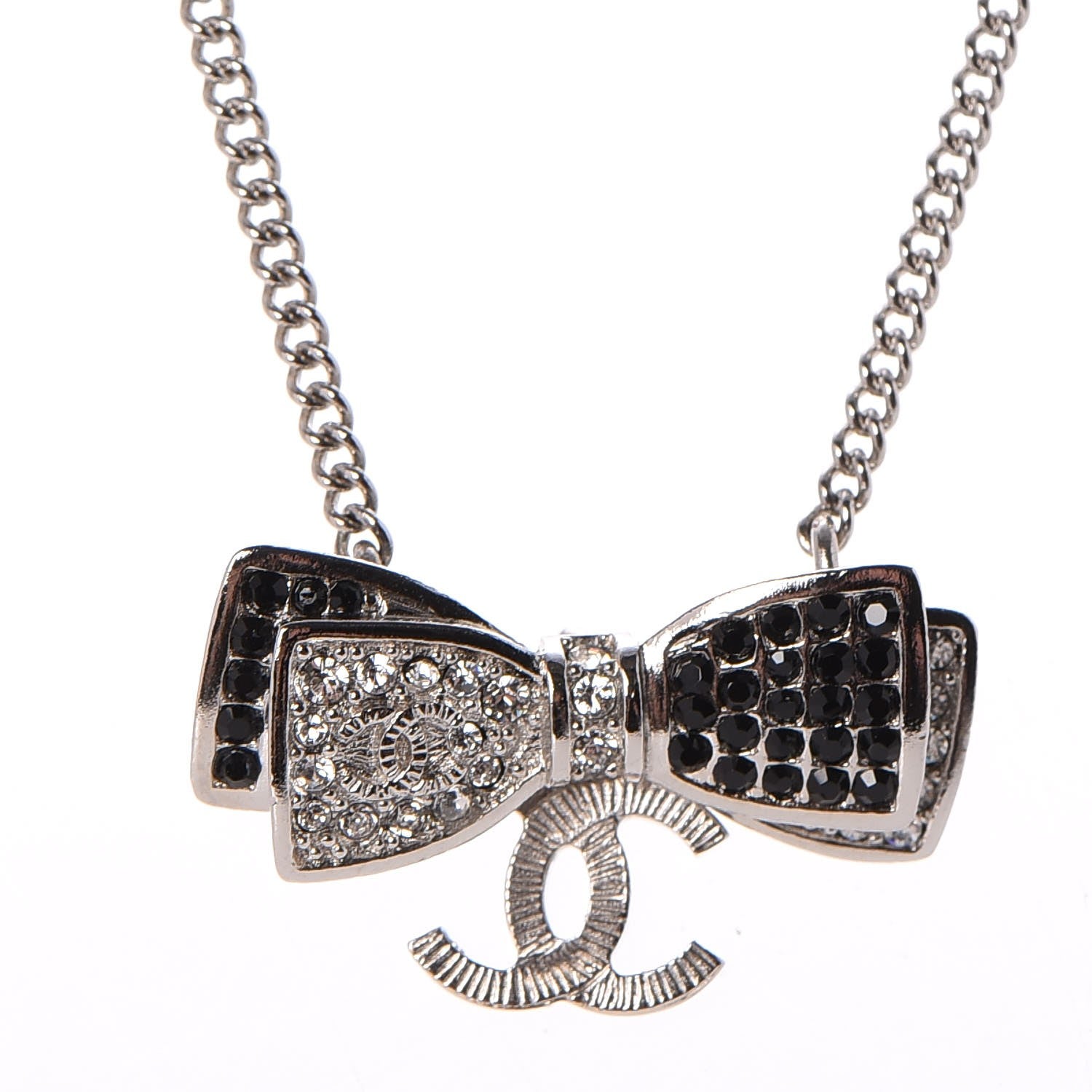 Chanel Crystal CC Bow Necklace Silver Black 3 of 6