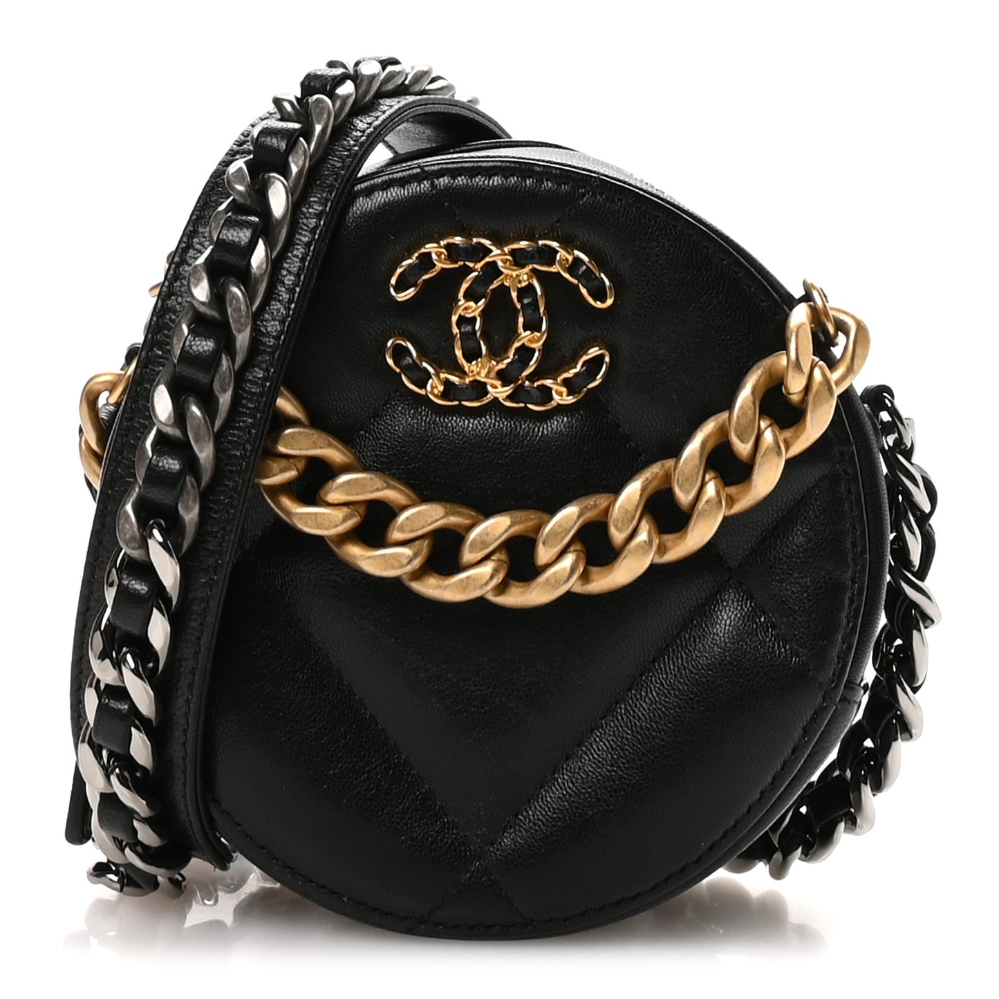 Lambskin Quilted Chanel 19 Round Clutch With Chain Black