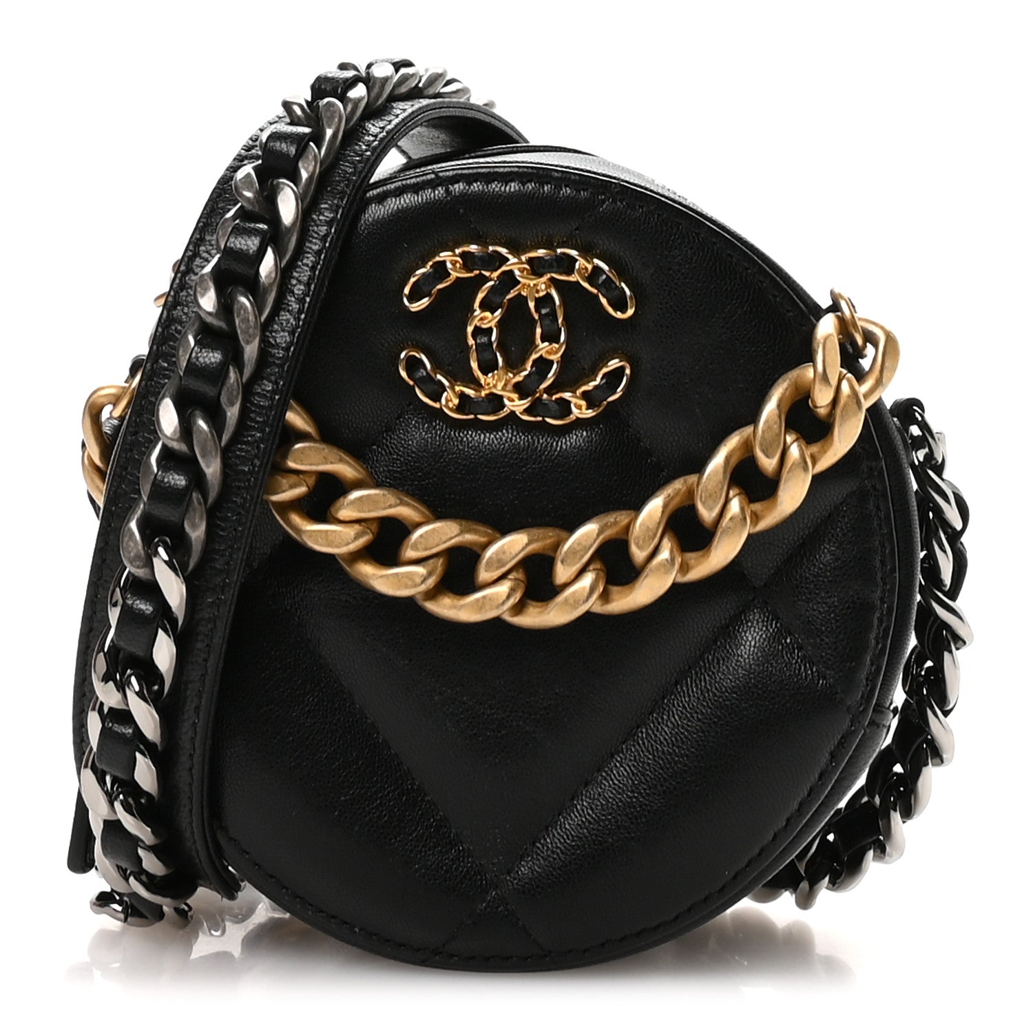 Chanel Lambskin Quilted Chanel 19 Round Clutch With Chain Black 1 of 10
