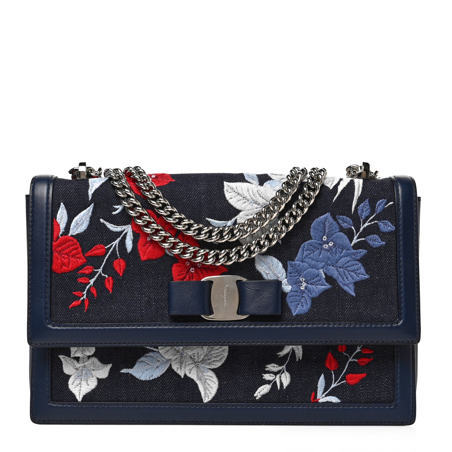 Salvatore Ferragamo Calfskin Denim Floral Embroidered Ginny Bow Crossbody Bag Oxford Blue 2 of 13