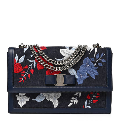 Salvatore Ferragamo Calfskin Denim Floral Embroidered Ginny Bow Crossbody Bag Oxford Blue 2 of 13