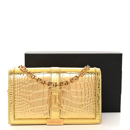 Versace Metallic Crocodile Embossed Calfskin Greca Goddess Wallet On Chain Gold 10 of 10