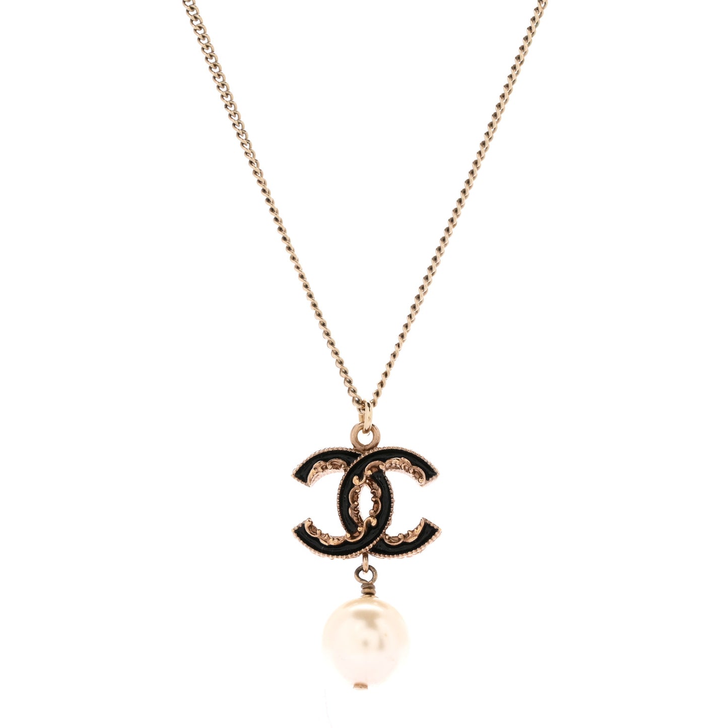 Enamel Pearl CC Baroque Drop Necklace Black Gold