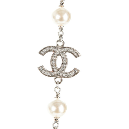 Chanel Crystal Pearl CC Long Necklace Silver 4 of 5