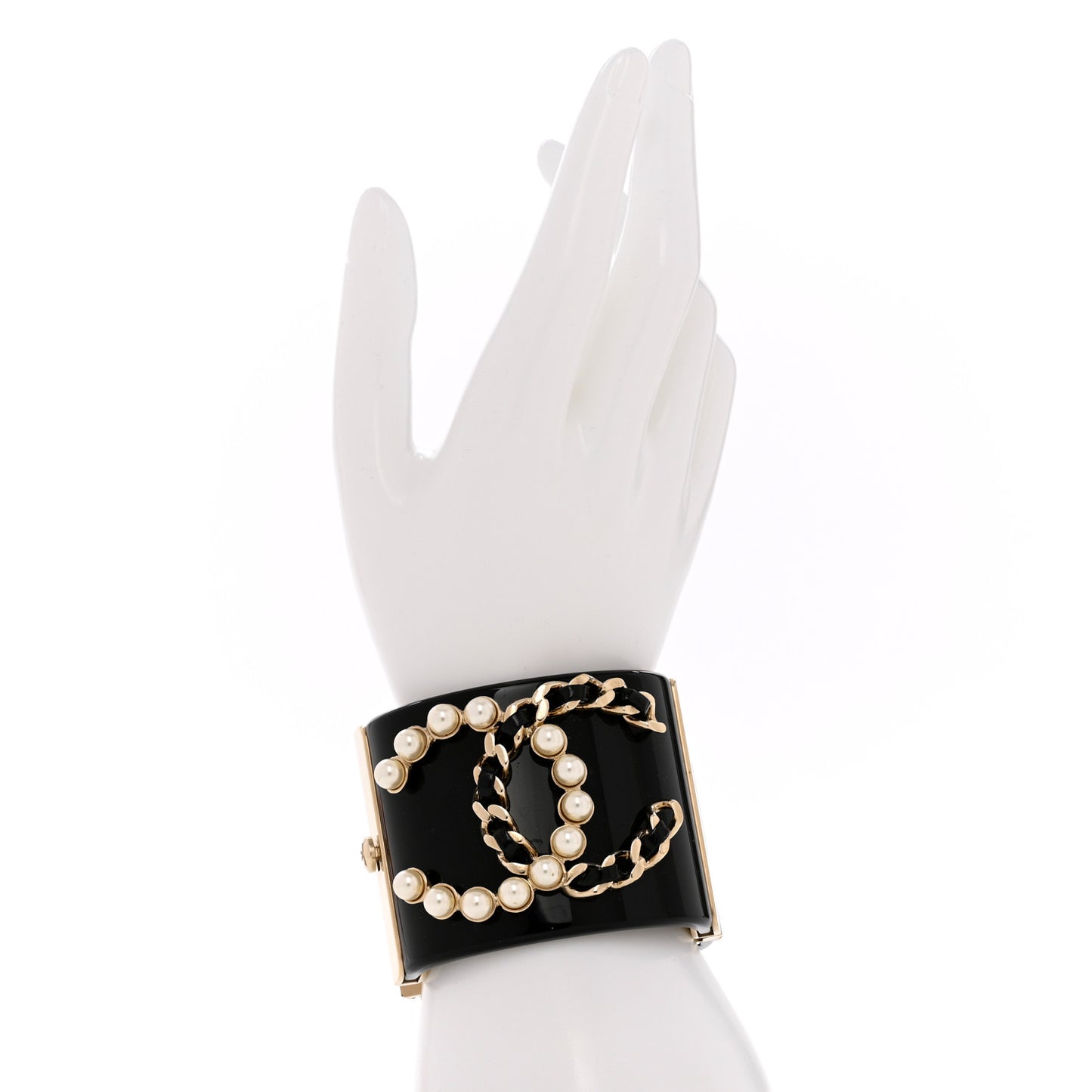 Pearl Calfskin Chain CC Cuff Black Gold