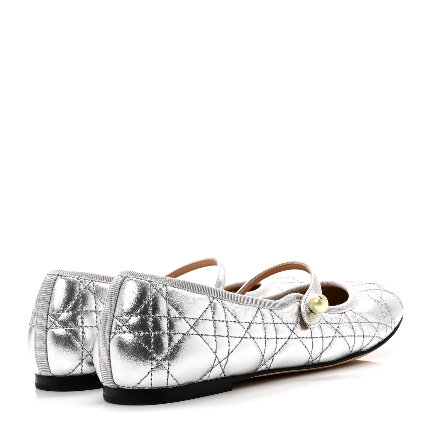 Metallic Lambskin Cannage Pearl Ballet Flats 38.5 Steel