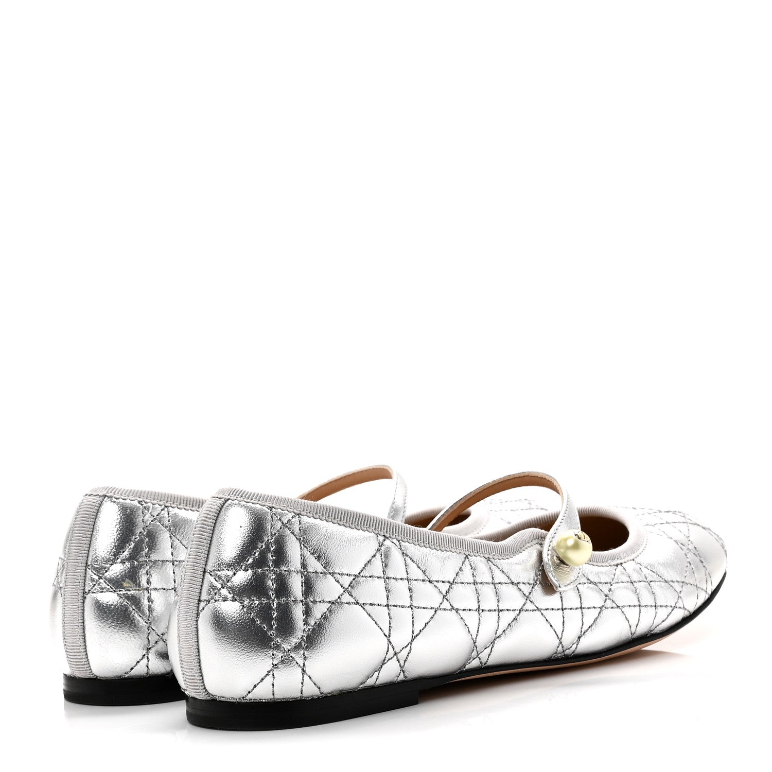 Christian Dior Metallic Lambskin Cannage Pearl Ballet Flats 38.5 Steel 5 of 9