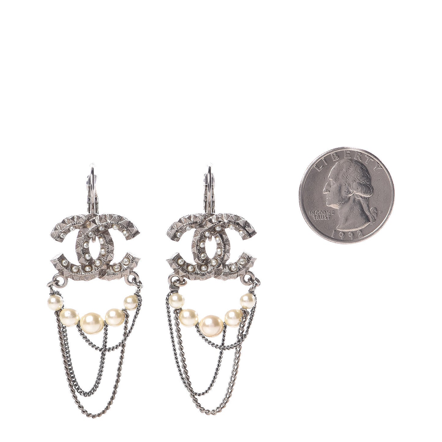 Spike Pearl Chain CC Drop Earrings Light Gold