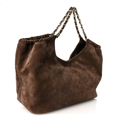 Chanel Suede Quilted Neo Cabas Small Shopping Tote Dark Brown 3 of 10