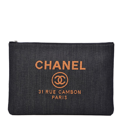 Chanel Denim Large Deauville Pouch Clutch Blue Orange 1 of 8