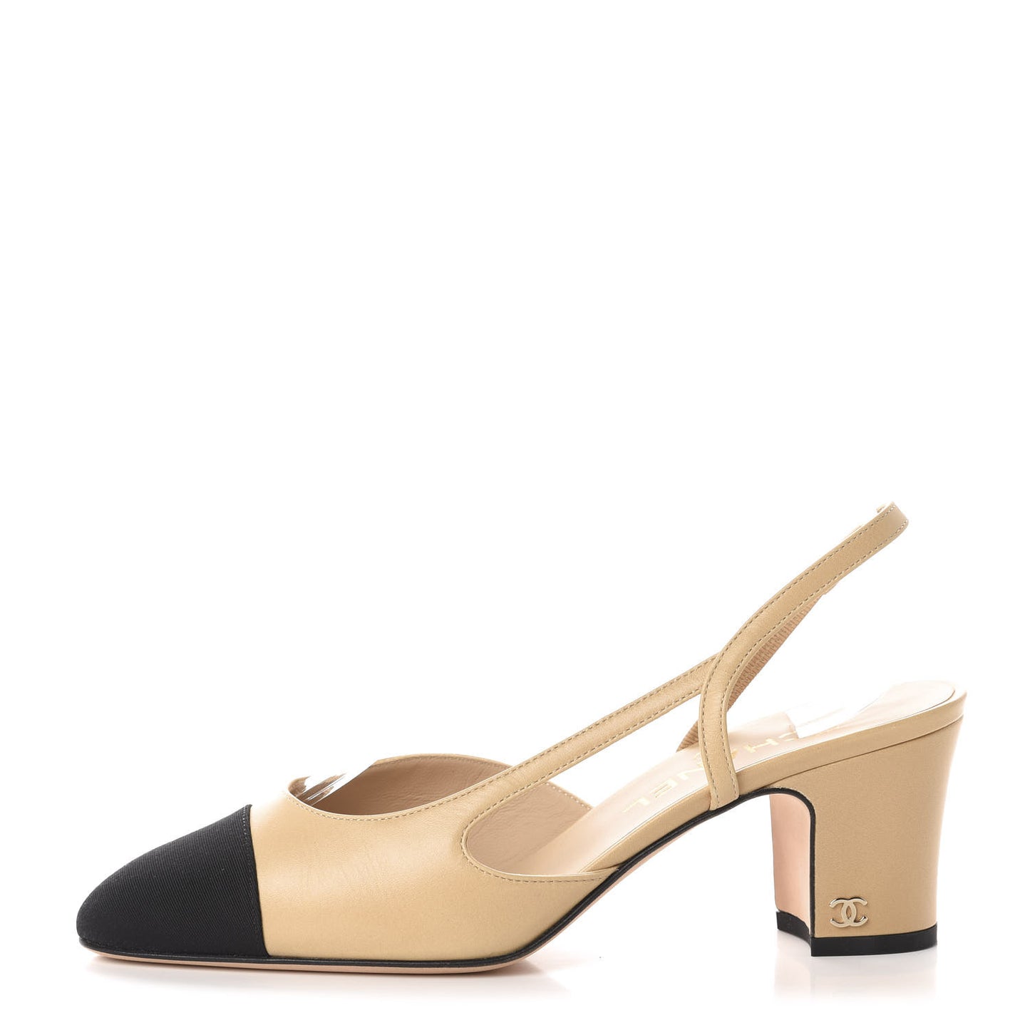 Goatskin Grosgrain Cap Toe CC Slingback Pumps 37.5 Beige Black