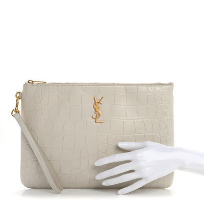 Saint Laurent Calfskin Crocodile Embossed Tablet Pouch Crema Soft 2 of 18