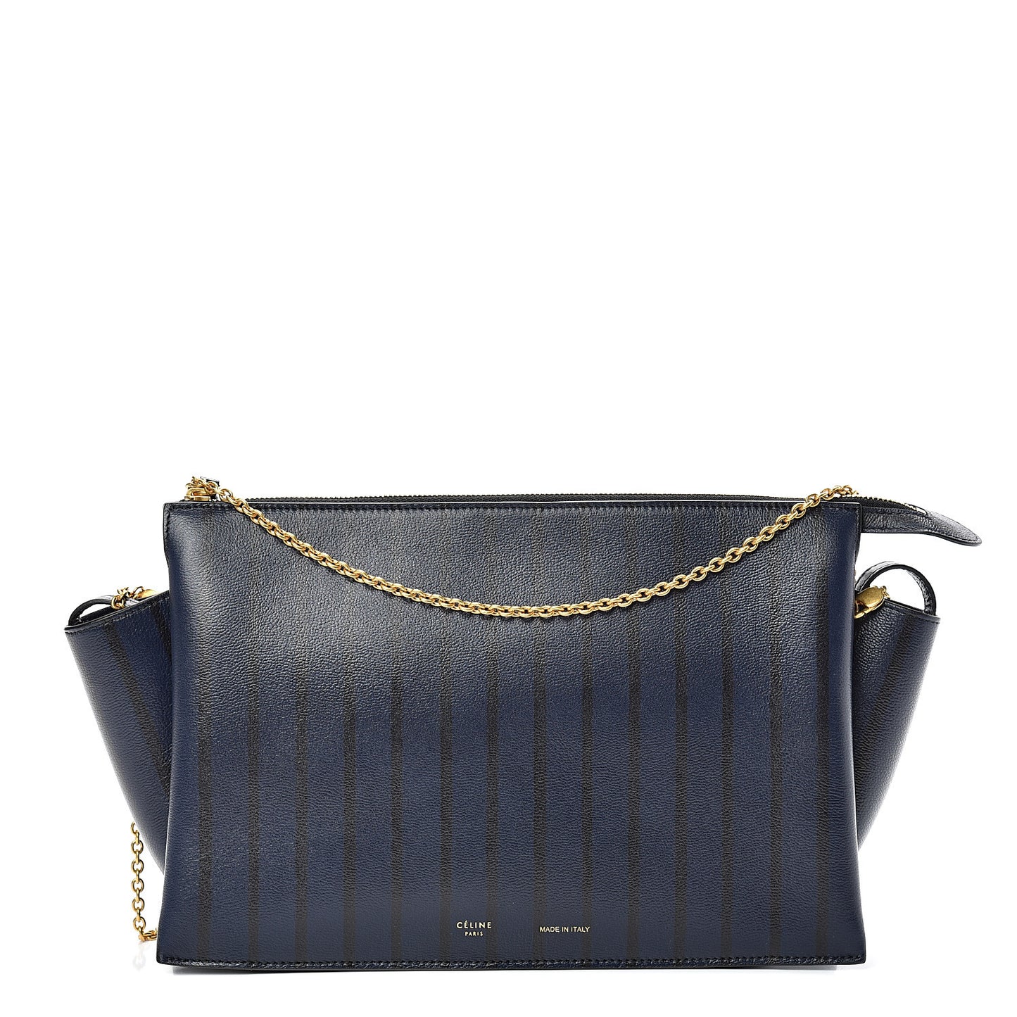 Grained Calfskin Striped Tri-Fold Clutch Midnight