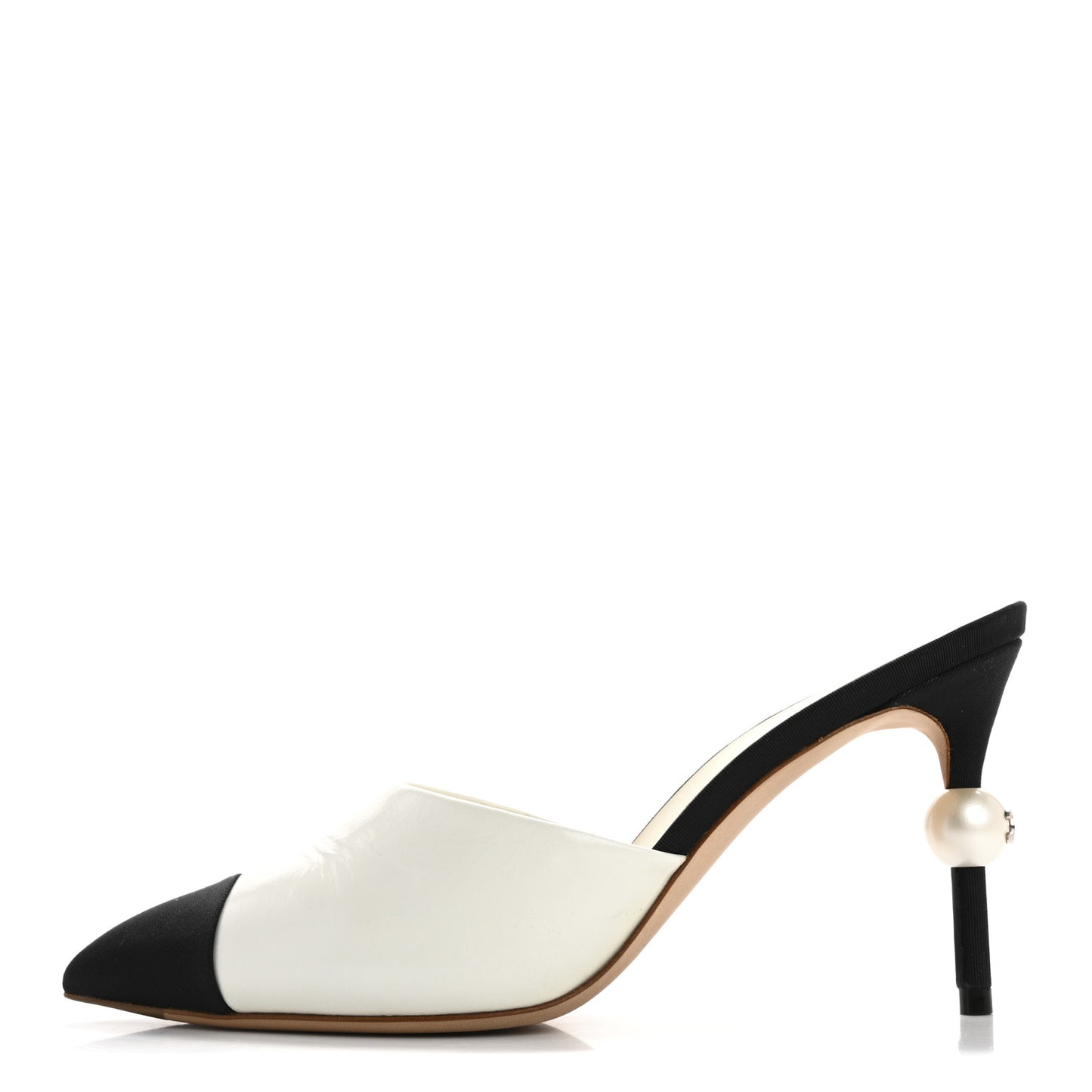 Patent Lambskin Grosgrain Cap Toe Pearl Mule 36.5 Ecru Black