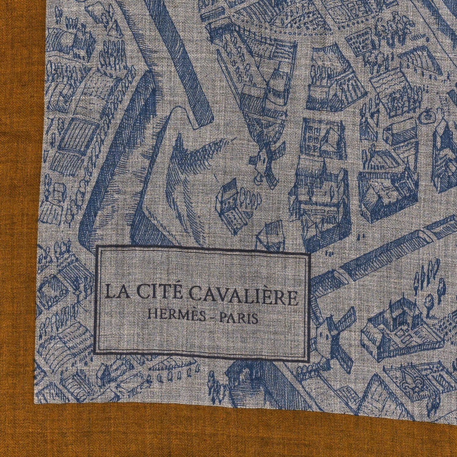 Hermes Cashmere Silk La Cite Cavaliere Shawl 140 Gold Gris Chine 2 of 4