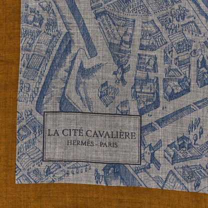 Hermes Cashmere Silk La Cite Cavaliere Shawl 140 Gold Gris Chine 2 of 4