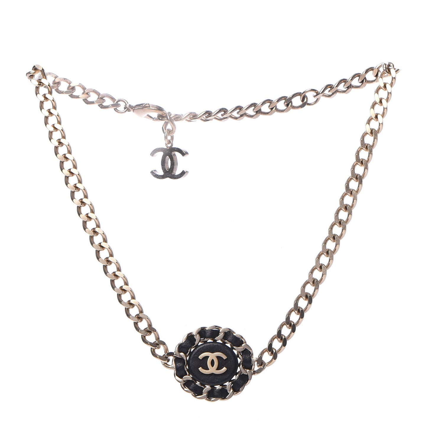 Lambskin CC Chain Short Necklace Black Gold