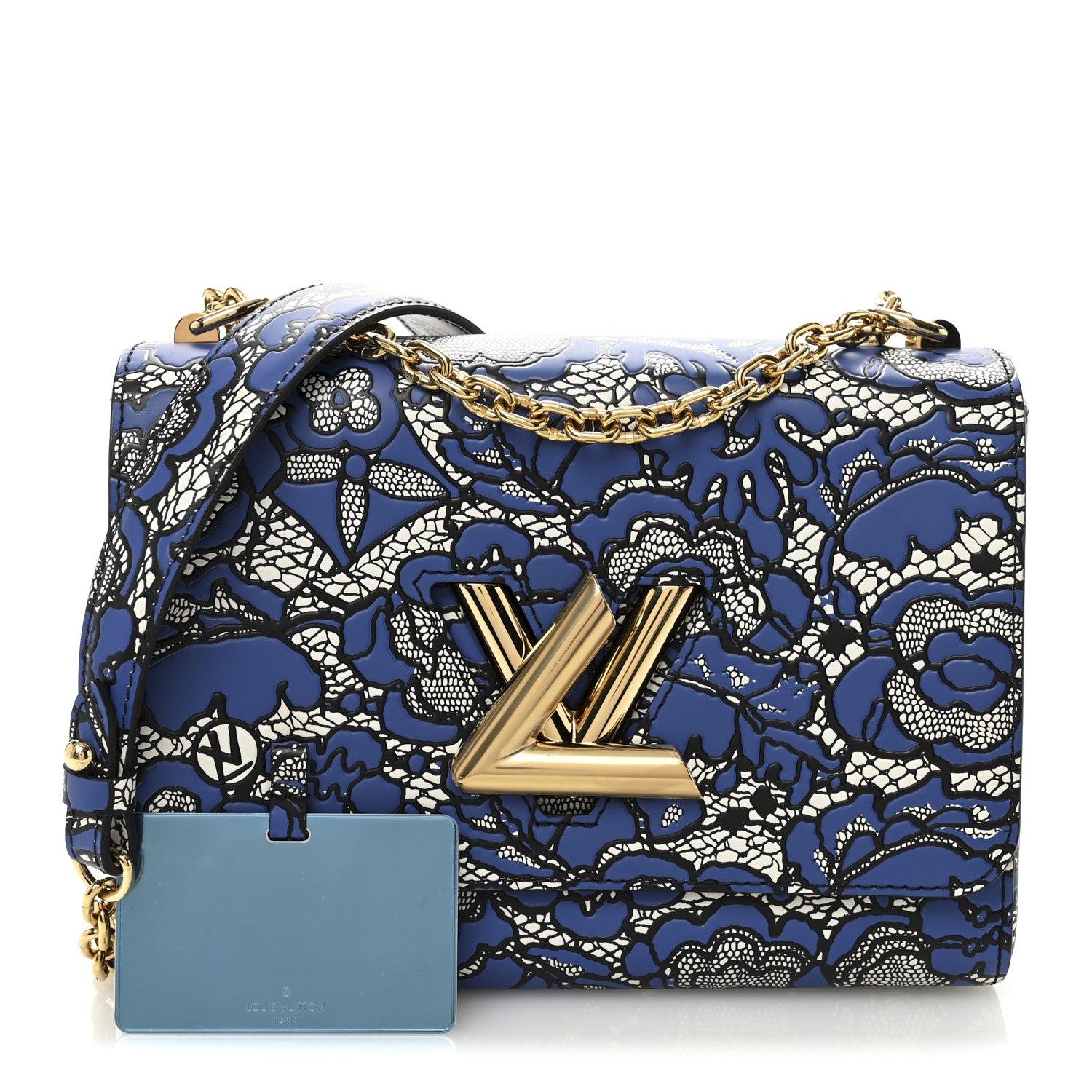 Louis Vuitton Calfskin Lace Flower Inlay Twist Shoulder Bag MM Navy Black 3 of 11