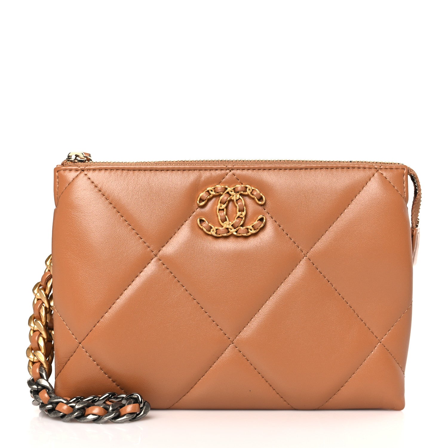 Chanel Shiny Goatskin Quilted Small Chanel 19 Pouch With Handle Brown 1 of 9