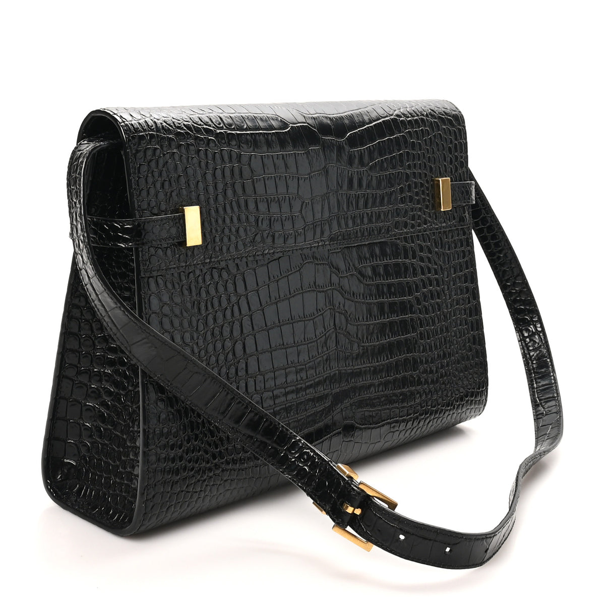 Saint Laurent Shiny Calfskin Crocodile Embossed Manhattan Baguette Black 3 of 9
