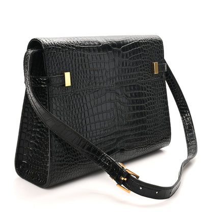 Saint Laurent Shiny Calfskin Crocodile Embossed Manhattan Baguette Black 3 of 9