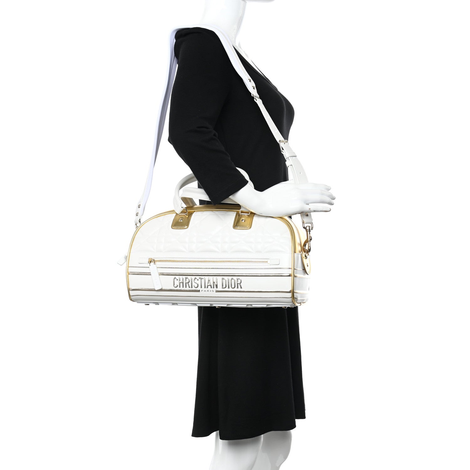 Christian Dior Calfskin Padded Macrocannage Medium Dior Vibe Zip Bowling Bag White Gold 2 of 13